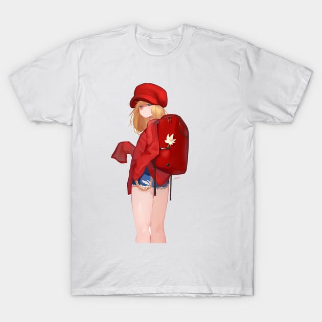 Red Backpack Girl T-Shirt by nagare017